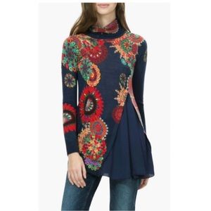 Desigual Forever Floral Tunic Blue Rhinestone Embellished Sweater